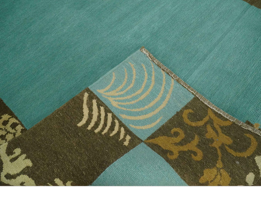 Traditional Floral Border Pattern Hand knotted Aqua Green and Brown 5x8 ft Bedroom, Living Room Rug , Wool Silk Area Rug AAOC358