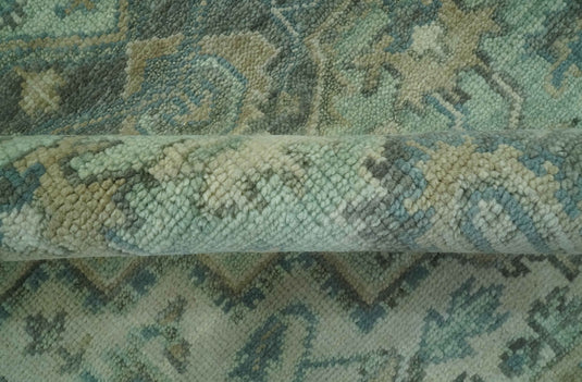 Custom Made Traditional Heriz Green, Silver And Taupe Antique Style Hand Knotted Wool Area Rug