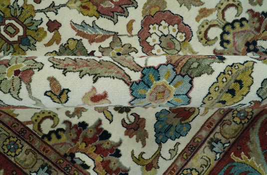 Antique Ivory, Brown, Olive And Blue Traditional Floral Hand Knotted Wool Rug 9x12 ft Ideal for Living, Bedroom And Dining Rooms | CP1788912