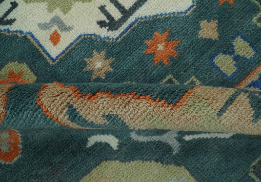 Central Medallion Teal, Beige, Olive And Blue Hand Knotted 8x10 ft wool Area Rug