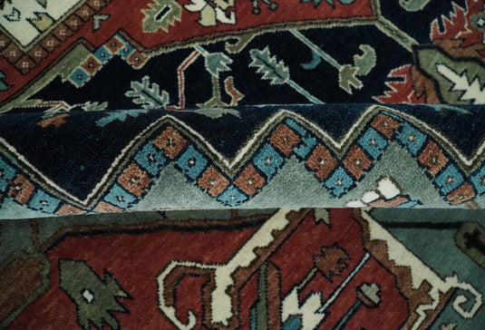 Brown, Black, Ivory and Blue Hand knotted 9x12 Traditional Heriz wool area Rug