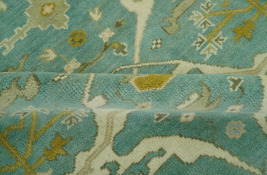 Custom Made Hand Knotted Oriental Oushak Aqua, Olive And Ivory Wool Area Rug