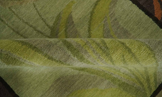 Traditional Leaf Block Print Design Brown, Green, Rust and Olive Handloomed 5x8 ft Bedroom, Living Room Rug Wool Area Rug