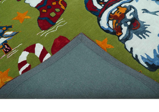 Colorful Christmas Theme Green, Gold, Blue, White And Red Hand Tufted 2x3 ft Bedroom, Kids Room Rug Wool Area Rug
