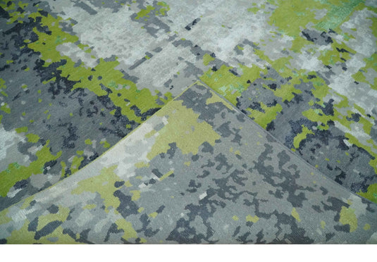 Modern Abstract Green, Ivory, Gray And Charcoal Hand Knotted 8x10 ft Bedroom, Living Room Rug Wool Area Rug