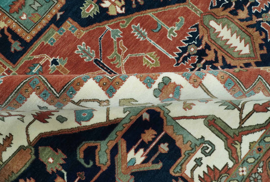 Hand Knotted Traditional Heriz Rust, Black, Blue And Ivory Wool Rug 9x12 ft Ideal for Living, Bedroom And Dining Rooms | CP1959912