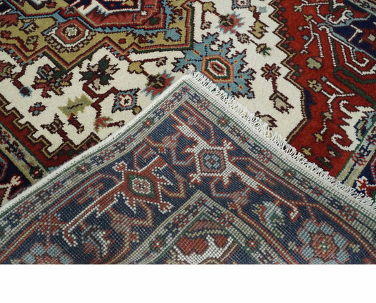 Hand Knotted Heriz Serapi Rug Ivory, Rust and Navy Blue 5x8 ft Ideal for Living, Bedroom, and Dining Rooms | CP189458S