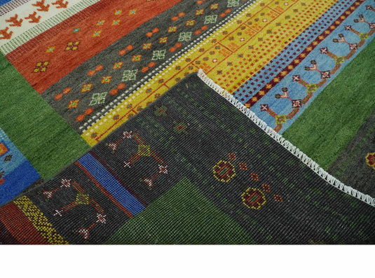 Green, Rust and Multicolored Hand knotted 8x10 Tribal Gabbeh Traditional Wool Area Rug