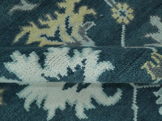 Traditional Floral Pattern Dark Teal, Beige, Silver and Ivory Hand Knotted 8x10 ft wool Area Rug