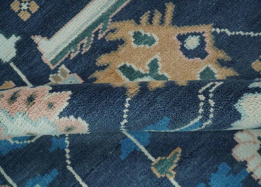 Traditional Floral Pattern Blue, Beige, Peach and Navy Blue Hand Knotted 8x10 ft wool Area Rug