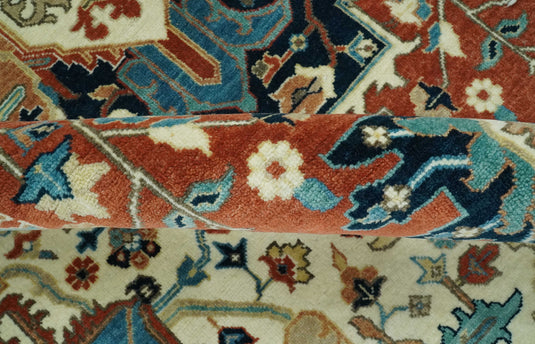 Hand Knotted Rust, Ivory And Teal Traditional Heriz Wool Rug 8x10 ft Ideal for Living, Bedroom And Dining Rooms