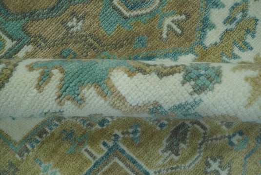 Custom Made Traditional Heriz Beige, Blue And Ivory Hand Knotted Wool Rug Wool Area Rug