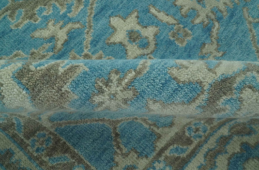 Custom Made Traditional Oushak Teal, Gray And Charcoal Hand Knotted Wool Area Rug