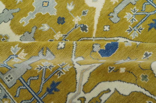 Custom Made Hand Knotted Turkish Oushak Mustard, Blue, Ivory And Gray Wool Area Rug