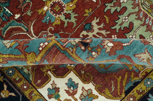 Hand Knotted Traditional Central Medallion Red, Aqua, brown, Black And Olive Wool Rug 9x12 ft Ideal for Living, Bedroom And Dining Rooms | CP986912