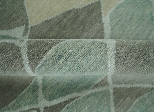 Contemporary Geometrical Pattern Hand knotted Charcoal, Green, Ivory and Blue 5x8 ft Bedroom, Living Room Rug Wool Area Rug