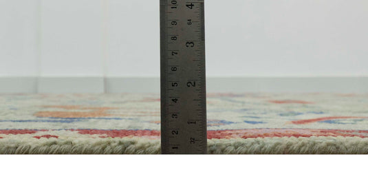 Custom Made Folk Art Green, Beige, Blue And Rust Hand Knotted Wool Area Rug