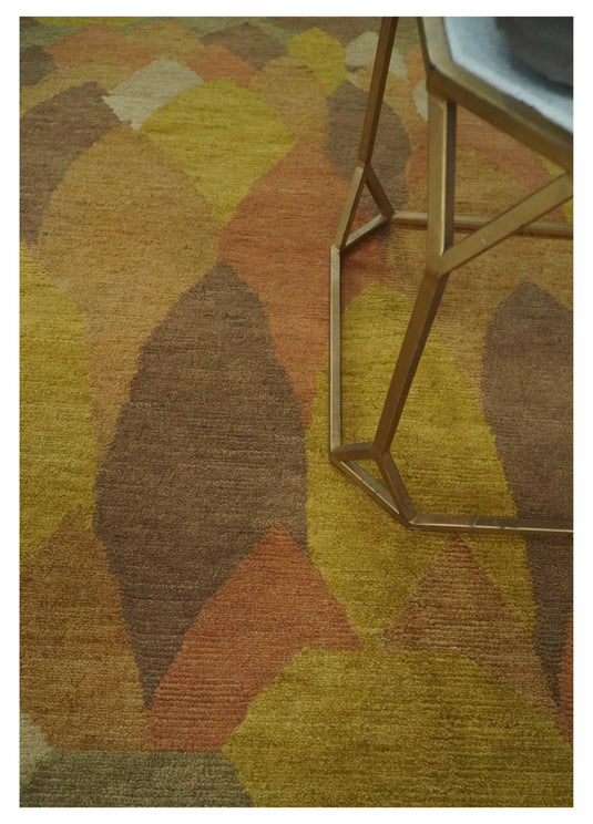 Modern Floral and Geometrical Pattern Hand knotted Yellow, Brown, orange and Ivory 4x6 ft Bedroom, Living Room Rug Wool Area Rug