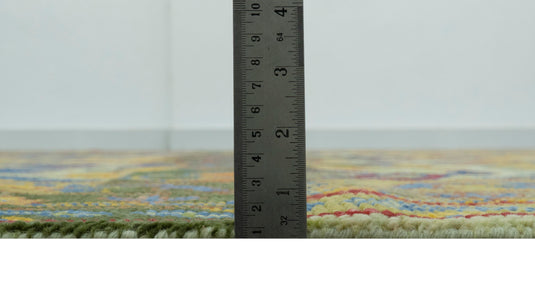 Transitional Gold, Green And Blue Hand Knotted 8x10 ft Wool Rug Ideal for Living, Bedroom And Dining Rooms