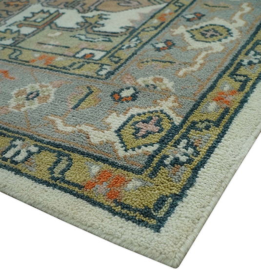 Traditional Medallion Pattern Ivory, Brown, Gray and Olive Hand Knotted 8x10 ft wool Area Rug
