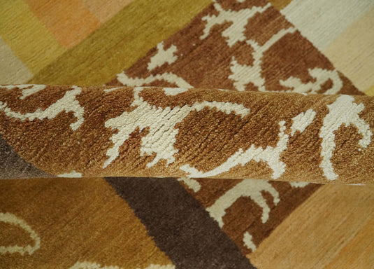 Modern Geometrical Floral pattern Hand Knotted Brown, Beige, Ivory and Olive 6x8 ft Bedroom, Living Room Rug Wool Area Rug