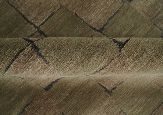 Modern geometrical Hand Knotted Brown, Olive and Charcoal 5x8 ft Bedroom, Living Room Rug Wool and Art Silk Area Rug