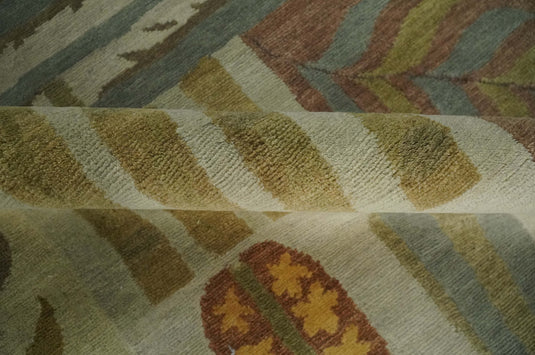 Floral Geometrical Hand Knotted Olive, Ivory, Brown and Teal 5x8 ft Bedroom, Living Room Rug Wool Area Rug
