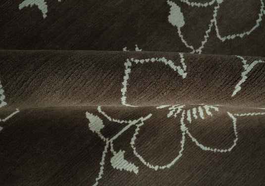 Floral Handloom Brown and Ivory 5.9x7.8 ft Bedroom, Living Room Rug Wool Area Rug