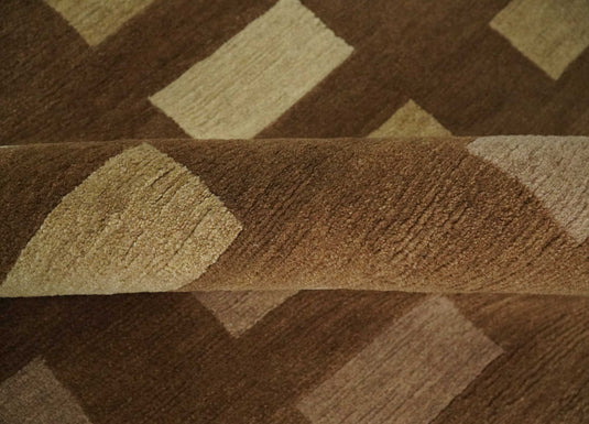 Modern Geometrical Pattern Hand Knotted Brown, Beige and Ivory 4x6 ft Bedroom, Living Room Rug Wool and Art Silk Area Rug