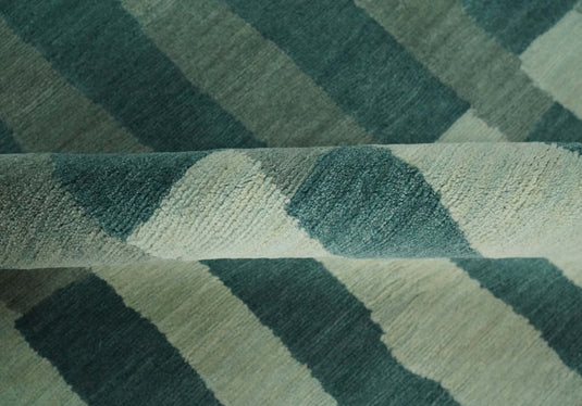 Modern Geometrical Pattern Hand Knotted Teal, Gray and Ivory 5x8 ft Bedroom, Living Room Rug Wool Area Rug