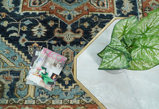 Traditional Heriz Hand knotted Blue and Rust 9x12 ft Bedroom, Living Room Rug ,wool Area Rug