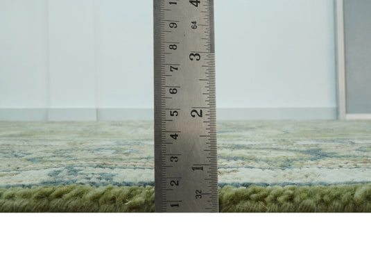 Custom Made Traditional Hand Knotted Green, Silver And Charcoal Wool Area Rug