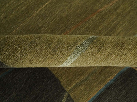 Modern Geometrical Hand Knotted Olive and Charcoal 5x8 ft Bedroom, Living Room Rug Wool and Viscose Area Rug