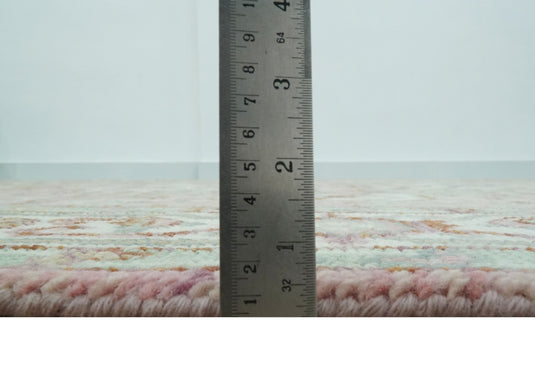 Custom Made Traditional Heriz Pink, Olive And Ivory Hand Knotted Wool Area Rug