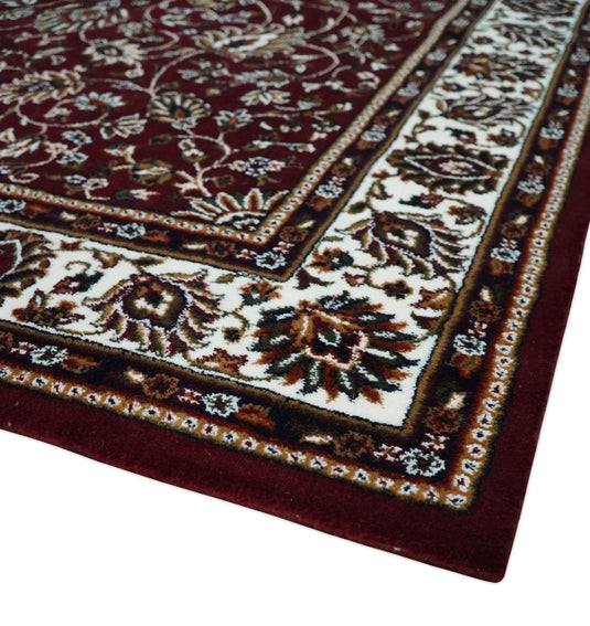 Traditional Floral Maroon, Ivory, Green And Gold Hand Woven 5x7 ft Bedroom, Living Room Rug Polyester Area Rug