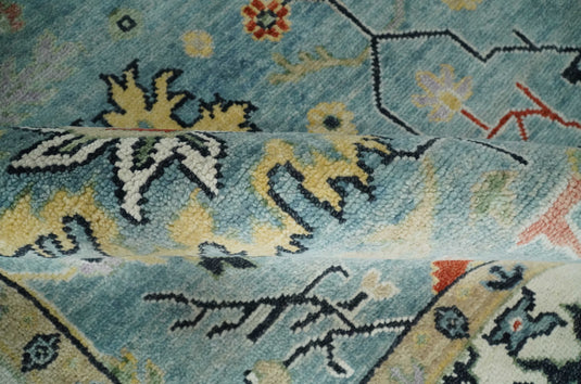Vibrant Colorful Blue and Ivory Traditional Floral Hand knotted 9x12 Oushak wool Rug
