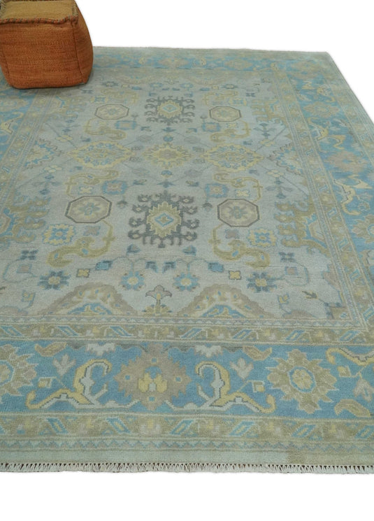 Traditional Persian Floral Oushak Hand knotted Ivory, Blue and Beige 8x10 wool Area Rug