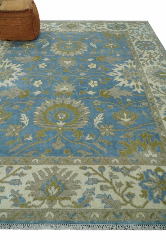 Traditional Persian Oushak Hand knotted Blue, Ivory and Olive 8x10 wool Area Rug