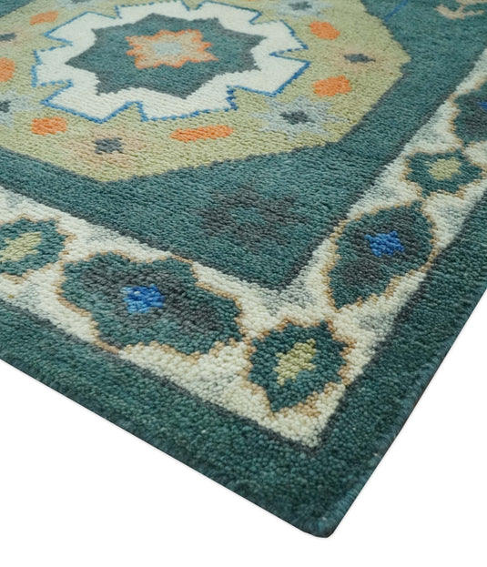 Central Medallion Teal, Beige, Olive And Blue Hand Knotted 8x10 ft wool Area Rug