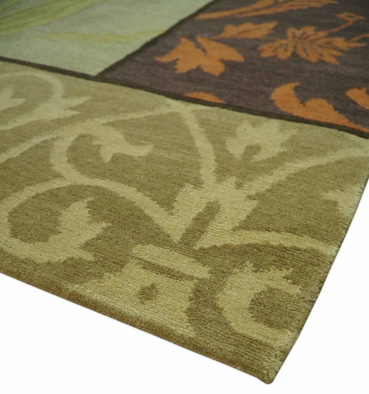 Traditional Leaf Block Print Design Brown, Green, Rust and Olive Handloomed 5x8 ft Bedroom, Living Room Rug Wool Area Rug