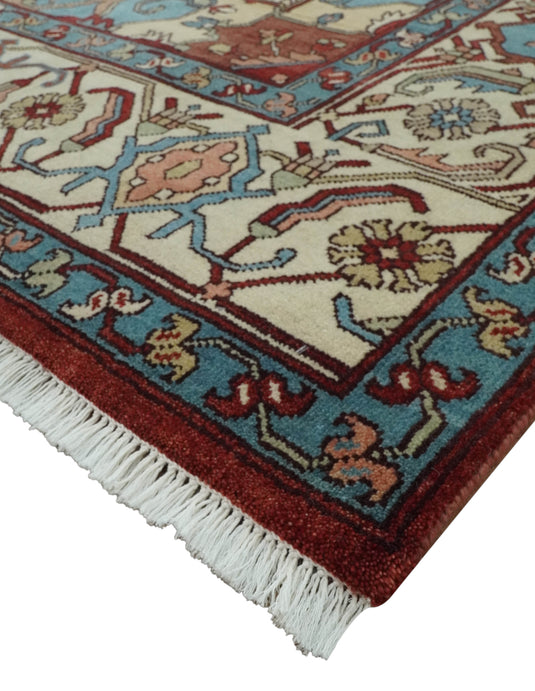 Hand Knotted Aqua, Ivory And Rust Traditional Wool Rug 9x12 ft Ideal for Living, Bedroom And Dining Rooms | CP2472912