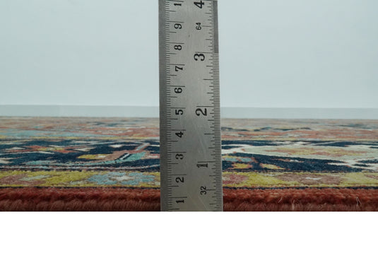 Hand Knotted Traditional Central Medallion Red, Aqua, brown, Black And Olive Wool Rug 9x12 ft Ideal for Living, Bedroom And Dining Rooms | CP986912