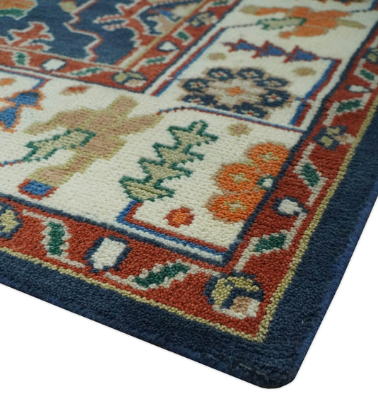 Traditional Pattern Blue, Rust and Ivory Hand Knotted 8x10 ft wool Area Rug