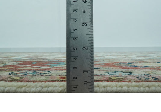 Antique Ivory, Brown, Olive And Blue Traditional Floral Hand Knotted Wool Rug 9x12 ft Ideal for Living, Bedroom And Dining Rooms | CP1788912