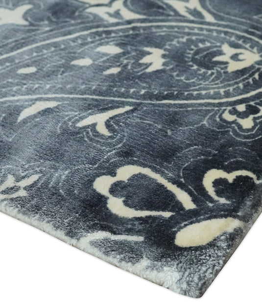 Charcoal, Ivory And Silver Handloom 5.6x8 ft Bedroom, Living Room Rug Wool And Viscose Area Rug