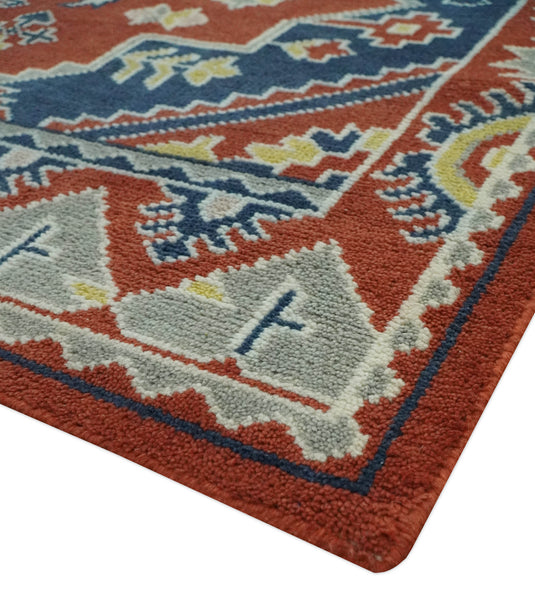 Tribal Pattern Rust, Blue and Silver Hand Knotted 8x10 ft wool Area Rug