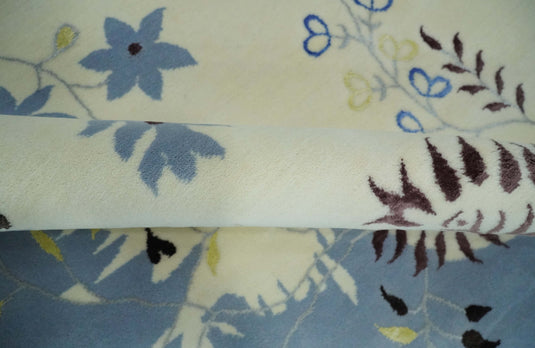 Floral Pattern Ivory, Light Blue, Brown And Charcoal Hand Knotted 6.6x10 ft Bedroom, Living Room Rug Wool Area Rug
