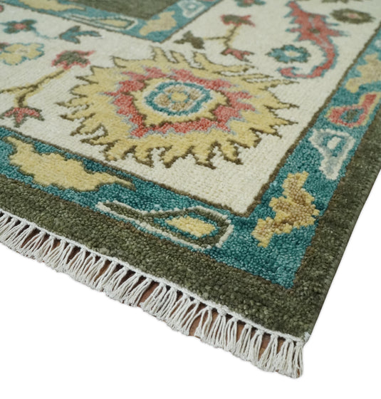Traditional Oushak Green And Beige Hand Knotted Wool Rug 10x14 ft Ideal for Living, Bedroom And Dining Rooms