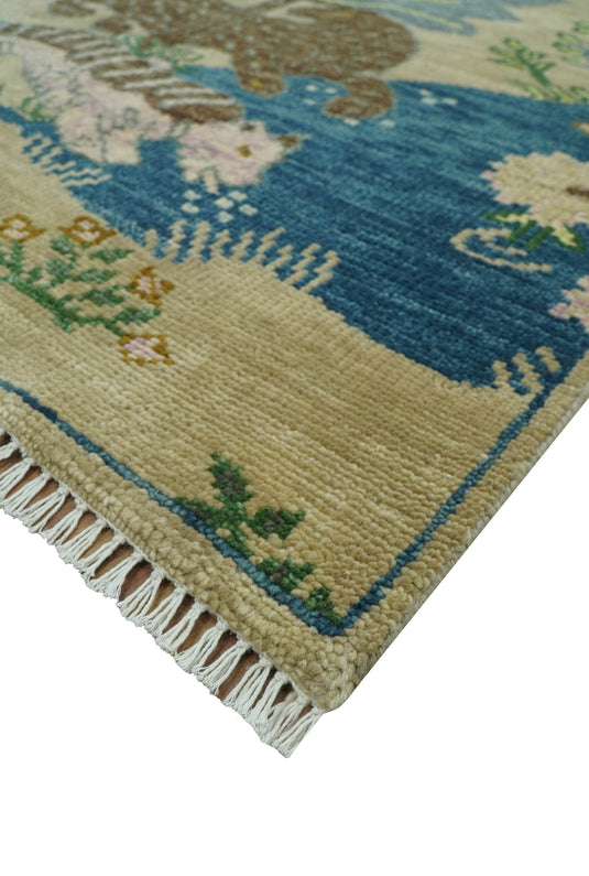 Custom Made Nature Vintage Style Beige And Blue Hand Knotted Wool Area Rug