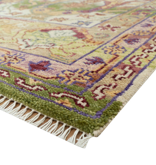 Custom Made Transition Hand Knotted Green, Gold And Ivory Wool Area Rug